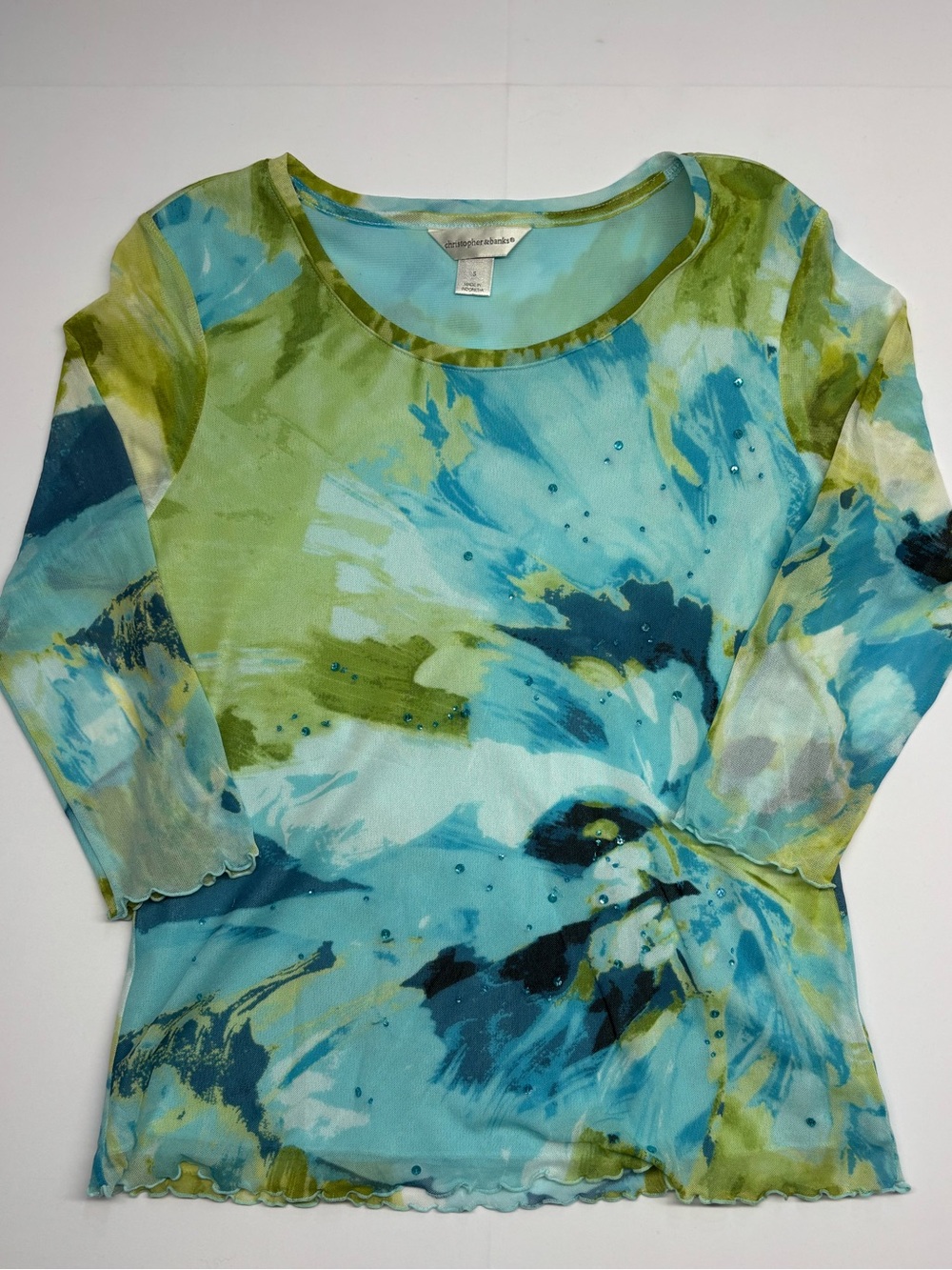 Christopher & Banks Blue and Green Floral Scoop-Neck Long Sleeve Top